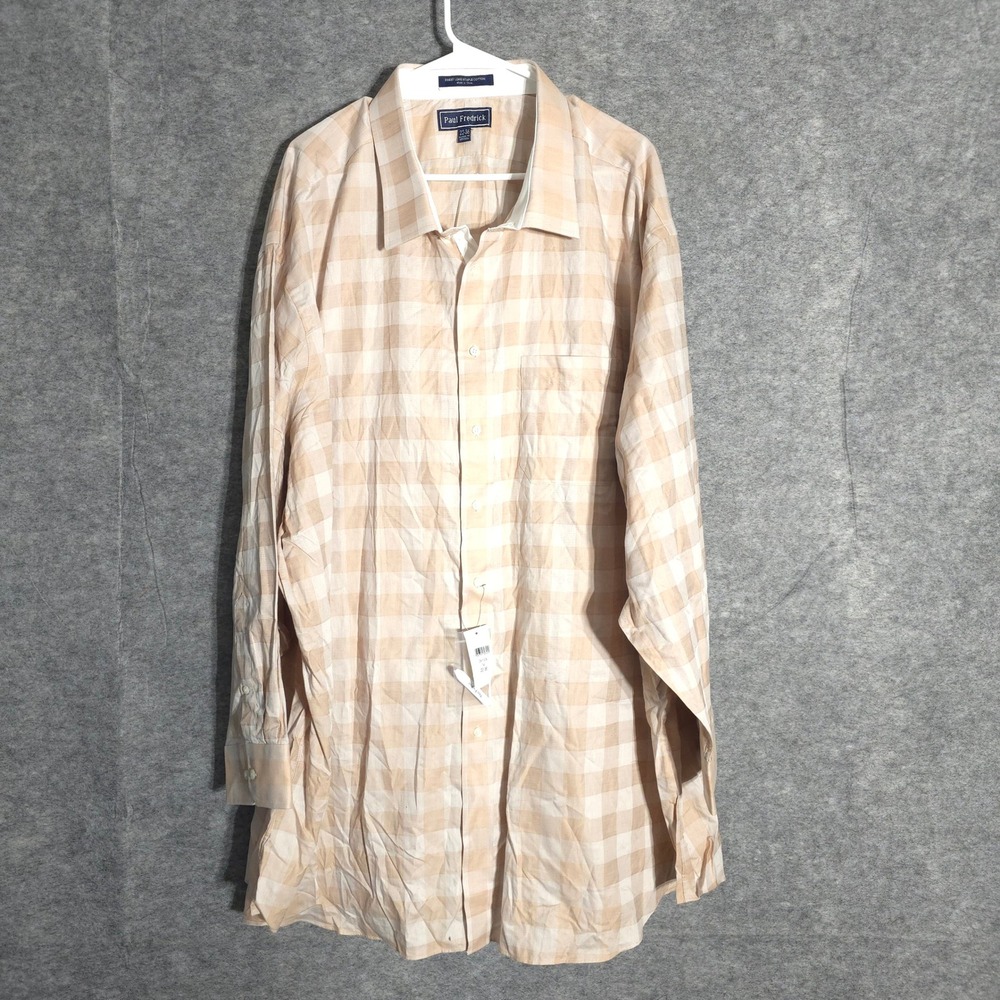 Paul Fredrick Dress Shirt Mens 22-36 Tan Gingham Cotton Classic Fit DSP120B NWT